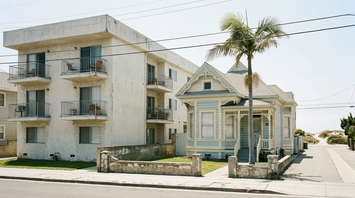 A stucco apartment building beside a restored Victorian cottage near Alamitos Beach - Drain services in Naples