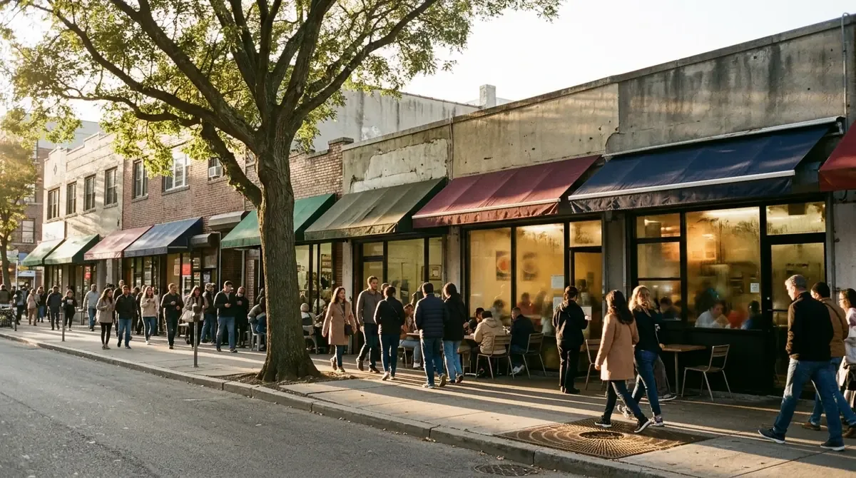 A low-rise commercial street of small restaurants along Anaheim Street