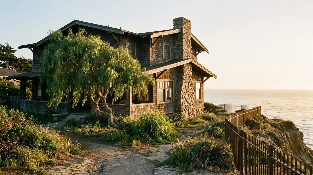A historic shingled home on the bluff with a pepper tree and an ocean view - Drain services in Poly High District