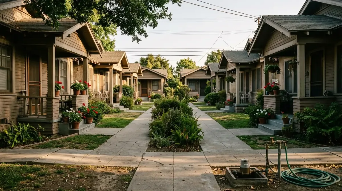A bungalow court with a shared center walkway in Rose Park - Drain services in Poly High District