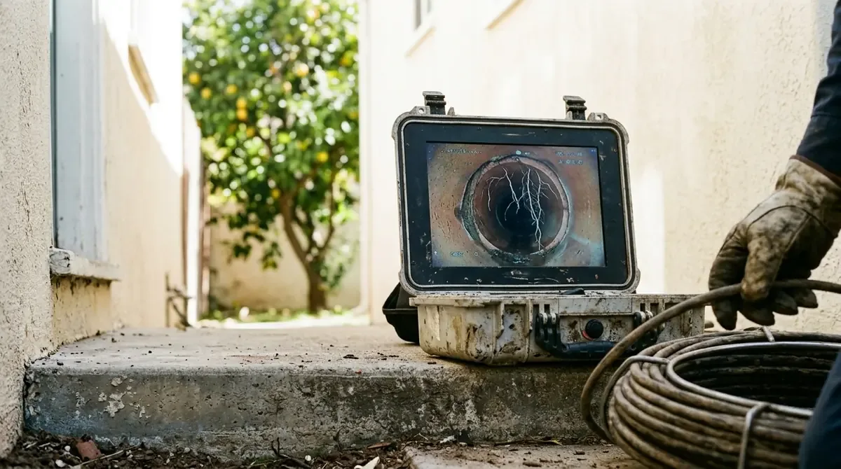 Sewer inspection camera monitor showing roots in an old clay pipe, beside a stucco bungalow