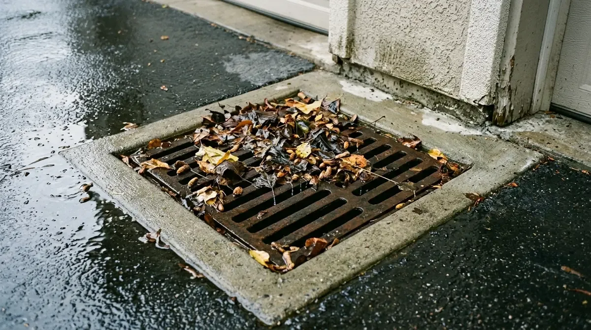 Concrete catch basin with an iron grate full of leaves after rain