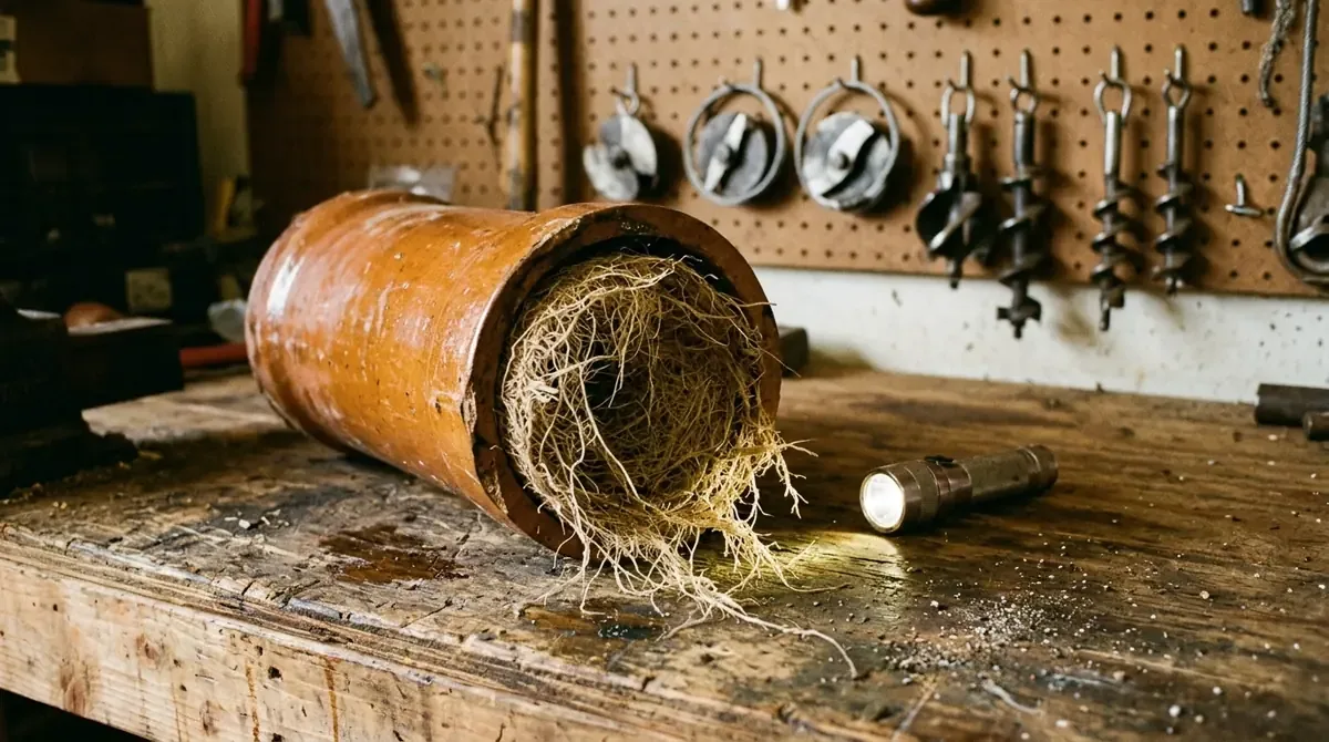 Cut section of old clay sewer pipe packed with fine roots