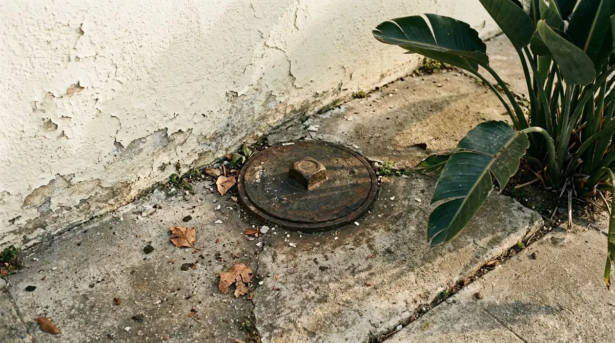 Weathered cast iron cleanout cap set in a concrete strip beside a stucco wall - Drain services in Peninsula