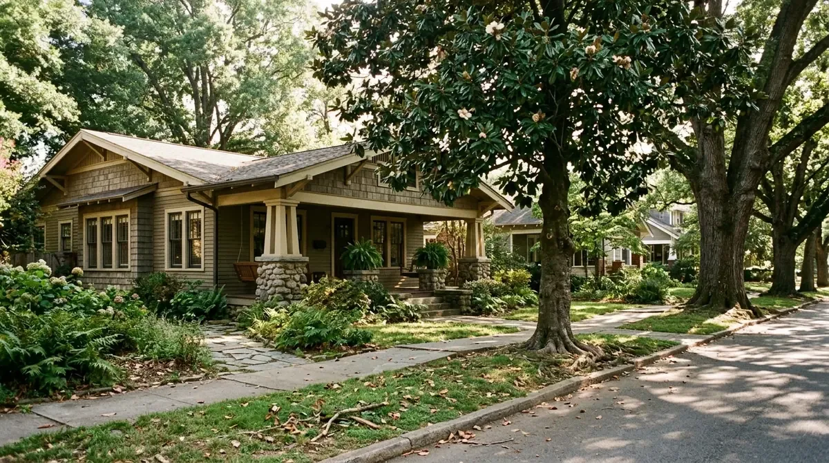 A Craftsman bungalow with tapered porch columns on a tree-lined Belmont Heights street - Drain services in Poly High District