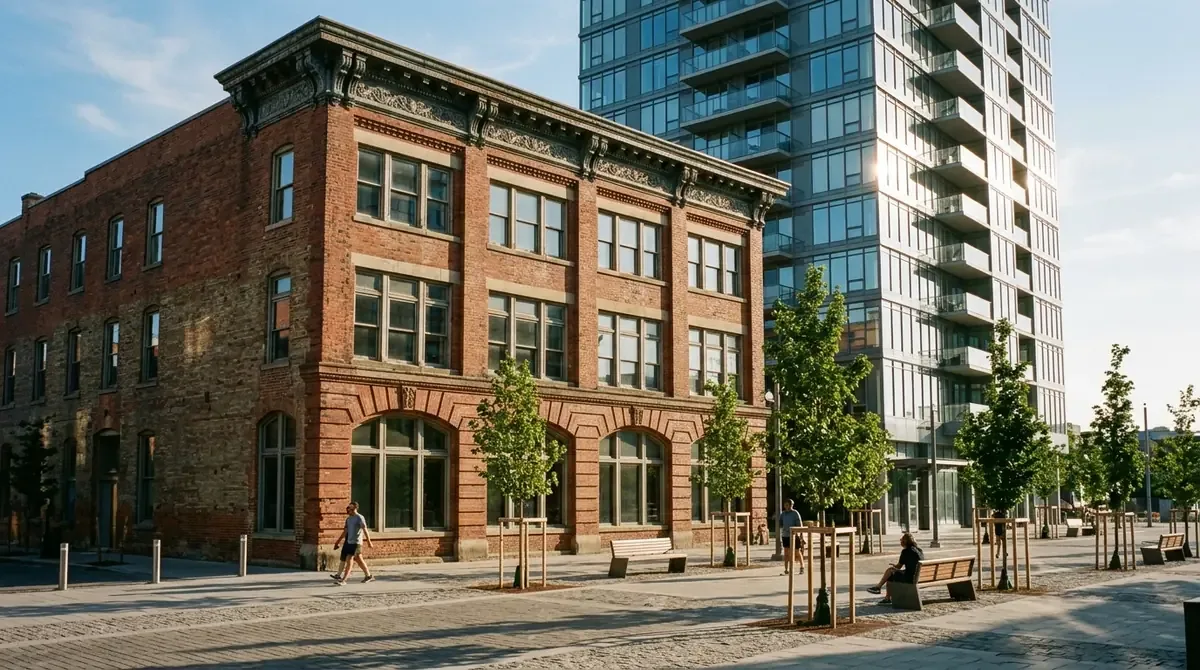 A century-old brick building beside a modern glass tower in Downtown Long Beach