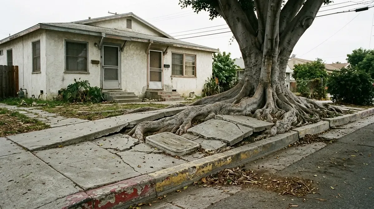 A sidewalk heaved by ficus roots in front of an older duplex near Poly High - Drain services in Poly High District