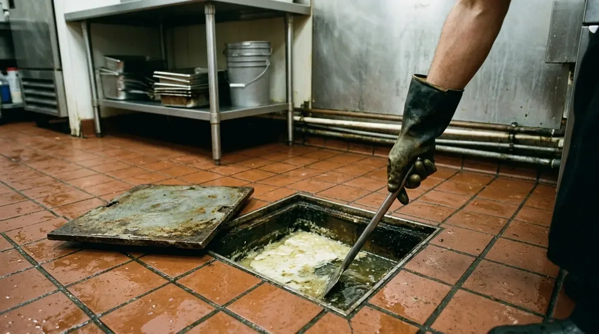 Open grease interceptor and floor drain in a restaurant kitchen
