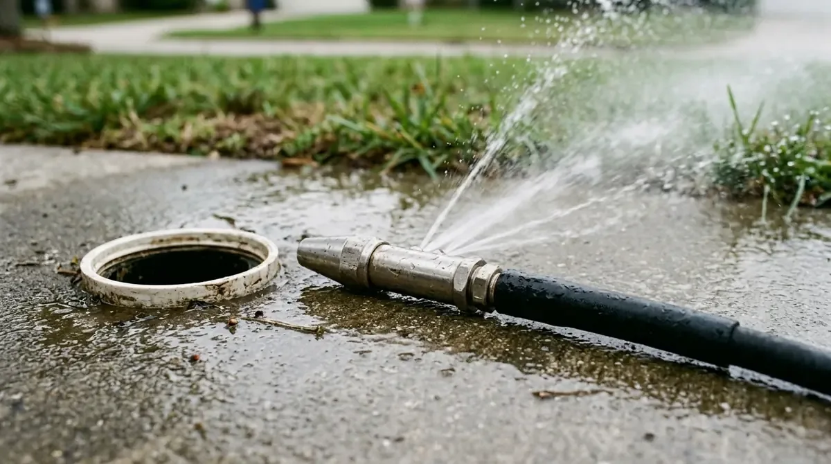 Hydro jetting nozzle spraying water beside an open cleanout