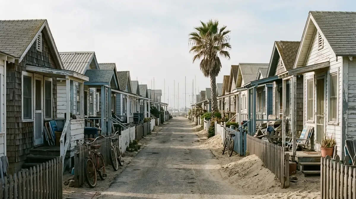 A narrow sand-spit street of tightly packed beach cottages on the Peninsula - Drain services in Naples