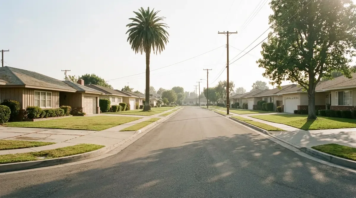 A street of 1950s ranch houses with a fan palm in Los Altos - Drain services in Bixby Knolls