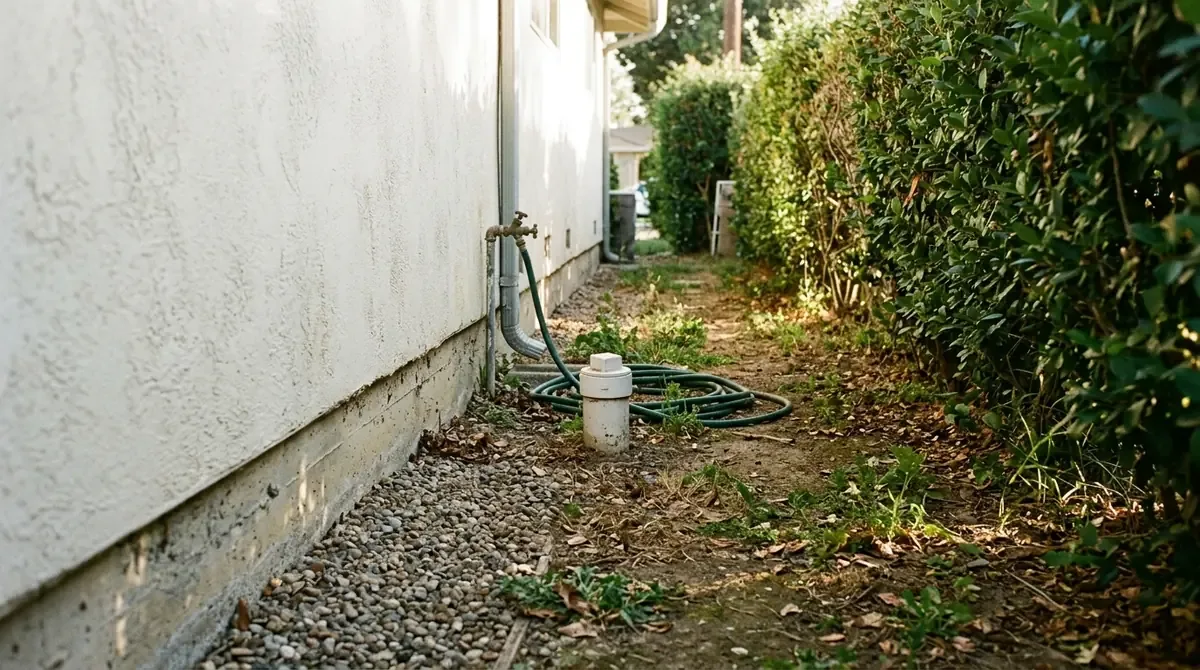 Side yard of a mid-century slab-on-grade home with a white cleanout pipe - Drain services in Bixby Knolls
