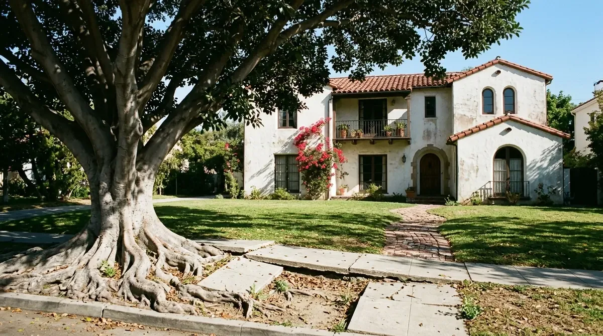 A Spanish Colonial Revival house with a ficus root lifting the sidewalk in Los Cerritos - Drain services in Poly High District