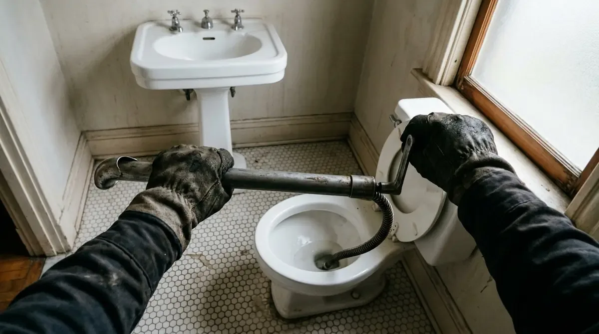 Closet auger fed into a toilet in a 1920s bathroom with hexagon tile floor